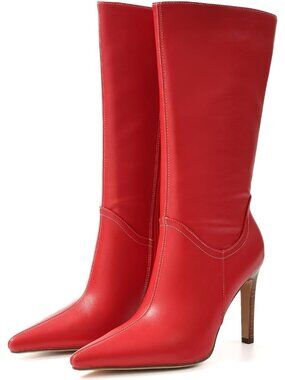 Women's Red Comfortable Mid Calf Pointed Toe High Heel Side Zipper Dress Boots